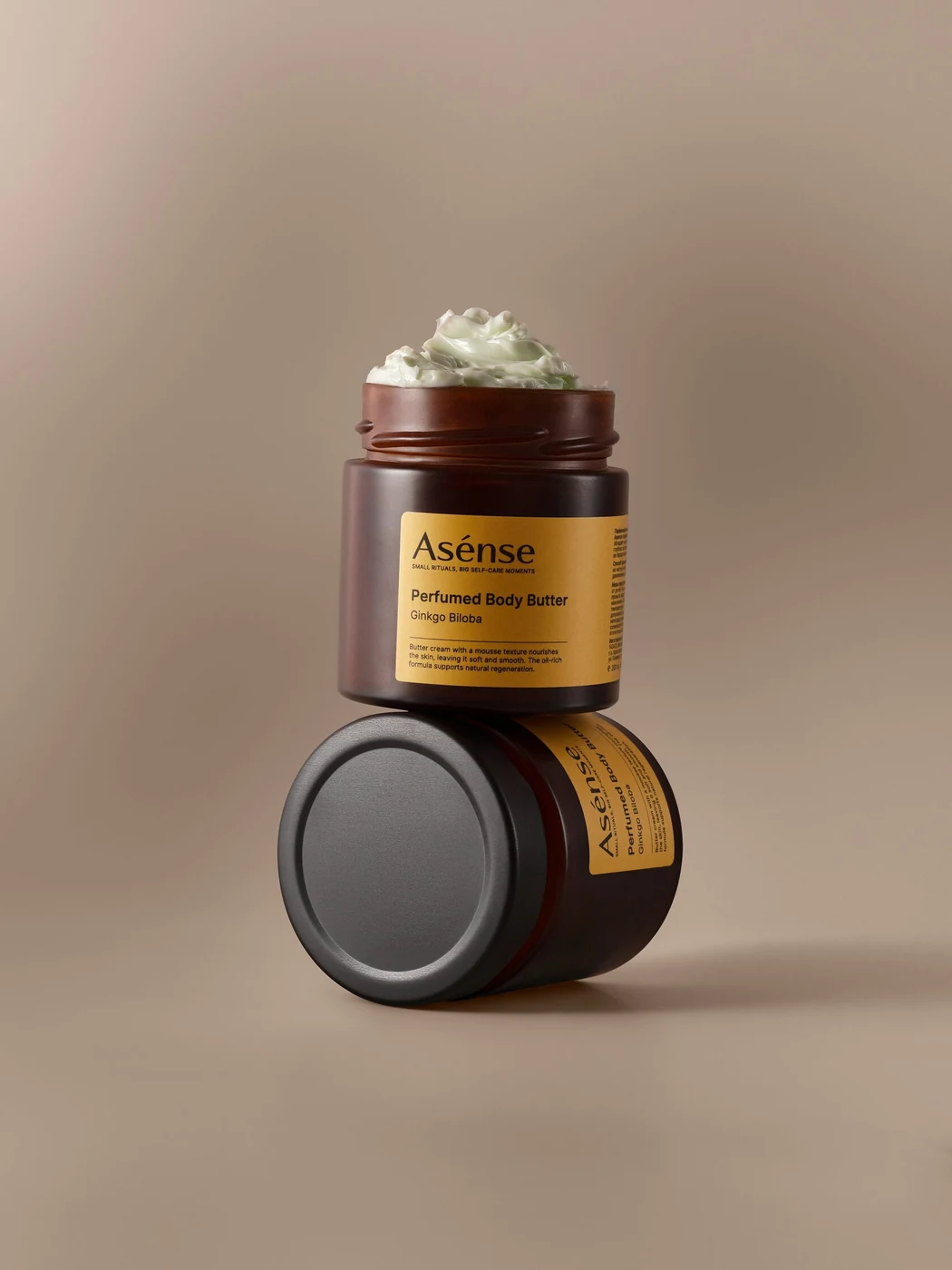 Asense Ginkgo Biloba perfumed body butter in amber jars with a visible cream texture